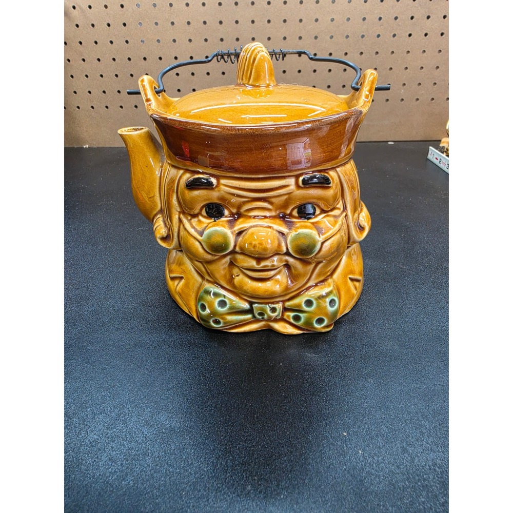Vintage Toby Jug Style Ceramic Teapot with Metal Handle Made in Japan Brown